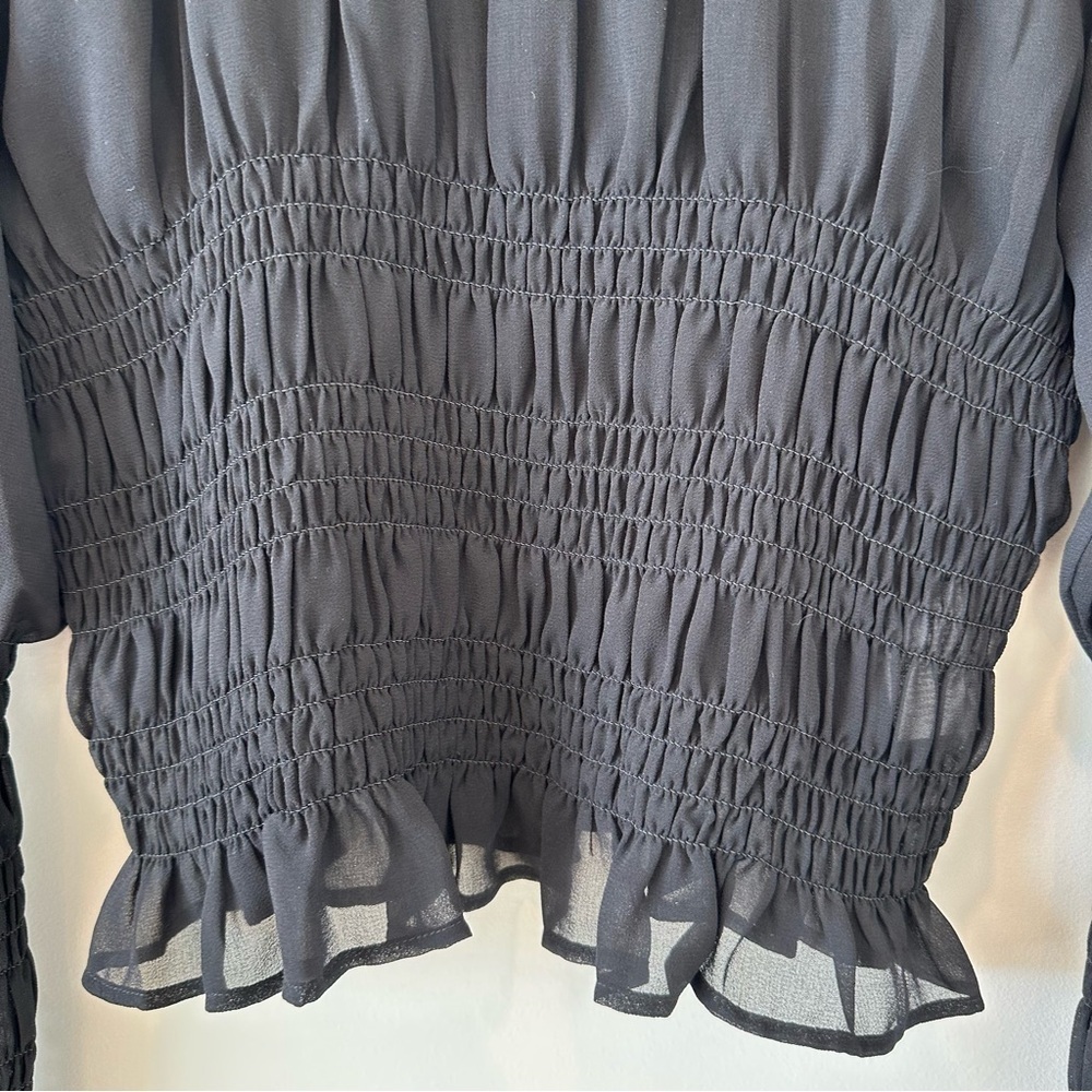 Halogen Smocked Chiffon Blouse Long Statement Sleeve Sheer Date Night Out Black - Picture 4 of 12